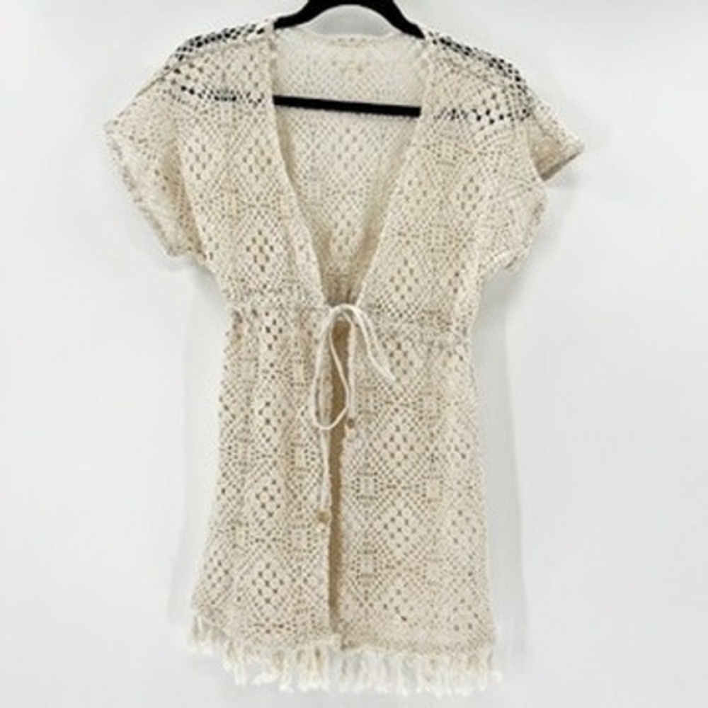 Tela Anthro Cream Crochet Swim‎ Cover Up Drawstring Fringe Hem Short Sleeve Boho
